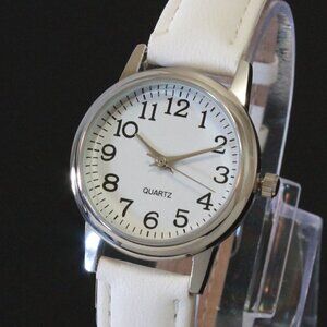 Ladies Easy Reader Dress Watch Silver Tone White Strap Arabic Numerals 28mm